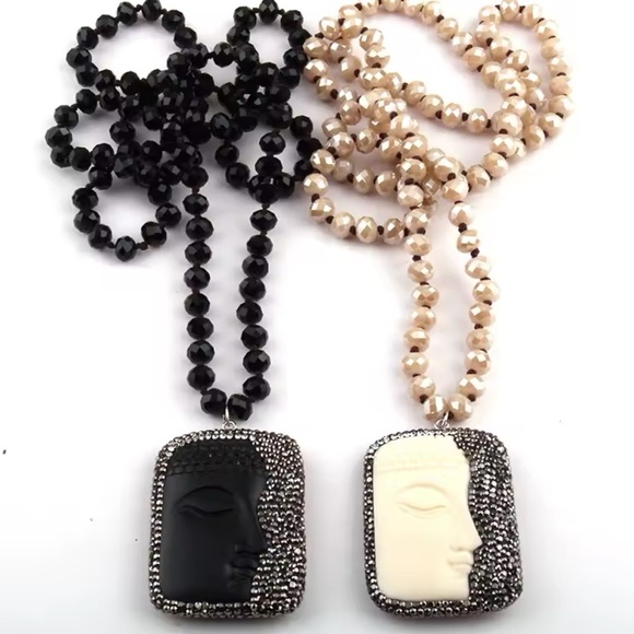 Ethnic Buddha Luck Gayatri Black Beaded Long Crustal Necklace - Picture 3 of 4